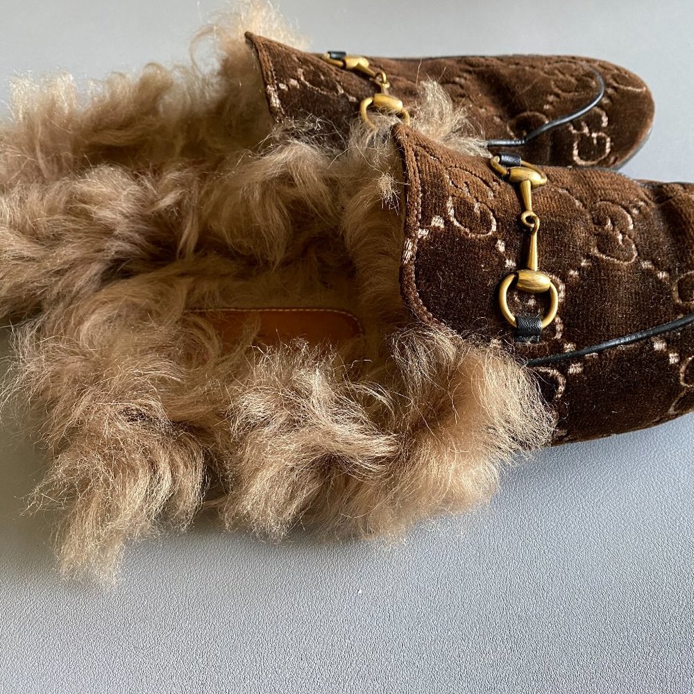 Gucci Brown Velvet Embossed Princeton Mules - Picture 3 of 5